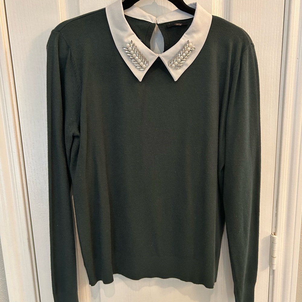 Green Sweater with Embellished Collar